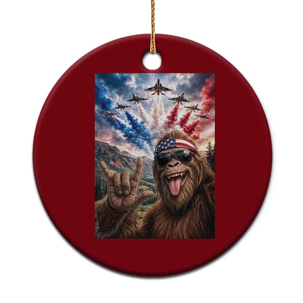 Patriotic Bigfoot 4th Of July Selfie Ceramic Ornament Funny USA Freedom Jet Fighter Graphic