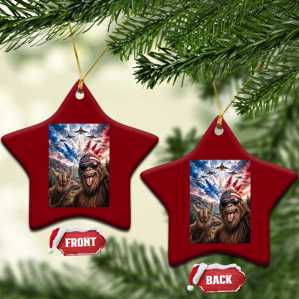 Patriotic Bigfoot 4th Of July Selfie Ceramic Ornament Funny USA Freedom Jet Fighter Graphic