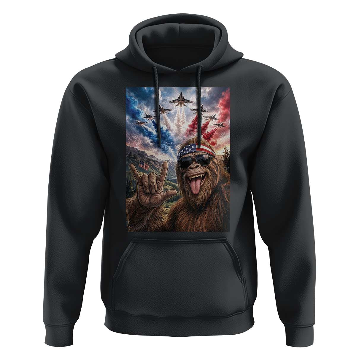 Patriotic Bigfoot 4th Of July Selfie Hoodie Funny USA Freedom Jet Fighter Graphic