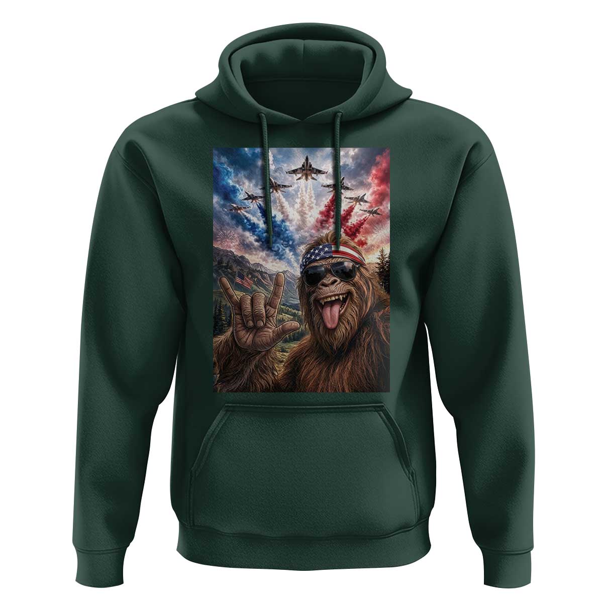 Patriotic Bigfoot 4th Of July Selfie Hoodie Funny USA Freedom Jet Fighter Graphic