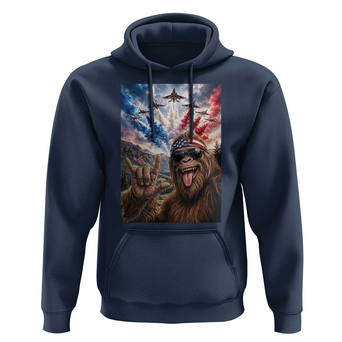 Patriotic Bigfoot 4th Of July Selfie Hoodie Funny USA Freedom Jet Fighter Graphic