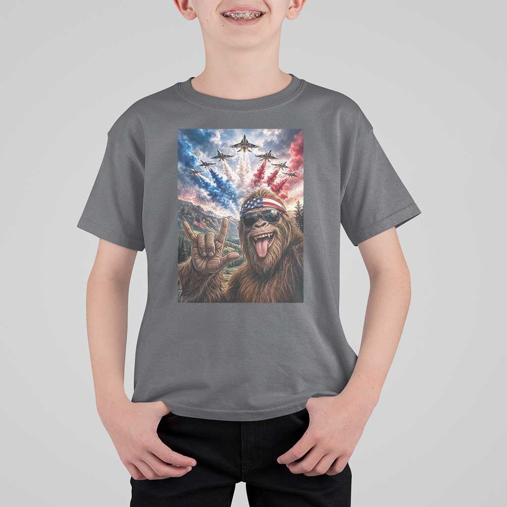 Patriotic Bigfoot 4th Of July Selfie T Shirt For Kid Funny USA Freedom Jet Fighter Graphic