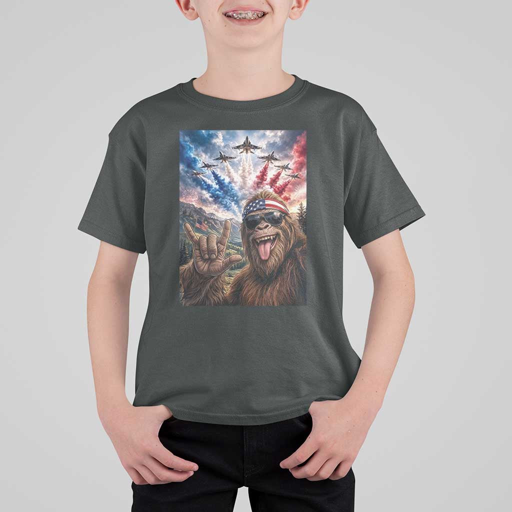 Patriotic Bigfoot 4th Of July Selfie T Shirt For Kid Funny USA Freedom Jet Fighter Graphic