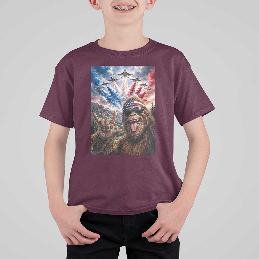 Patriotic Bigfoot 4th Of July Selfie T Shirt For Kid Funny USA Freedom Jet Fighter Graphic