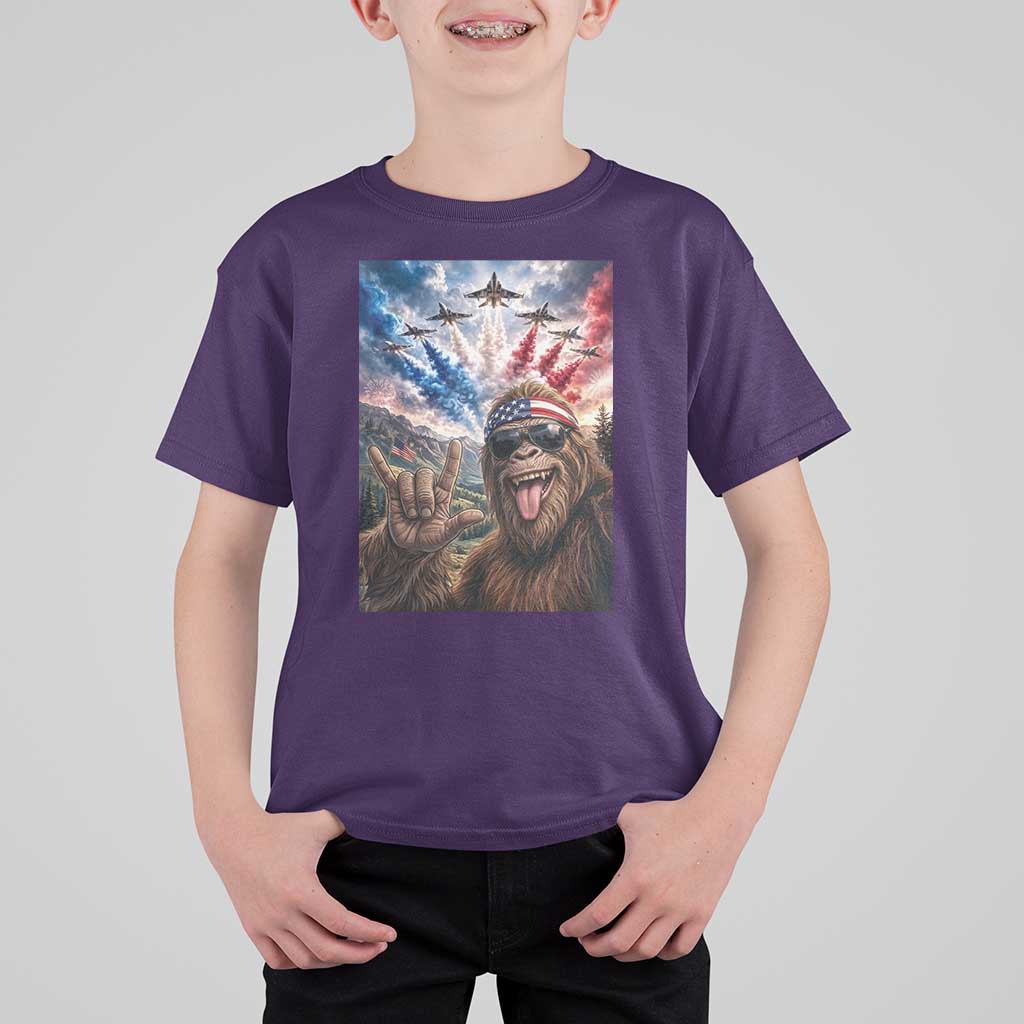 Patriotic Bigfoot 4th Of July Selfie T Shirt For Kid Funny USA Freedom Jet Fighter Graphic