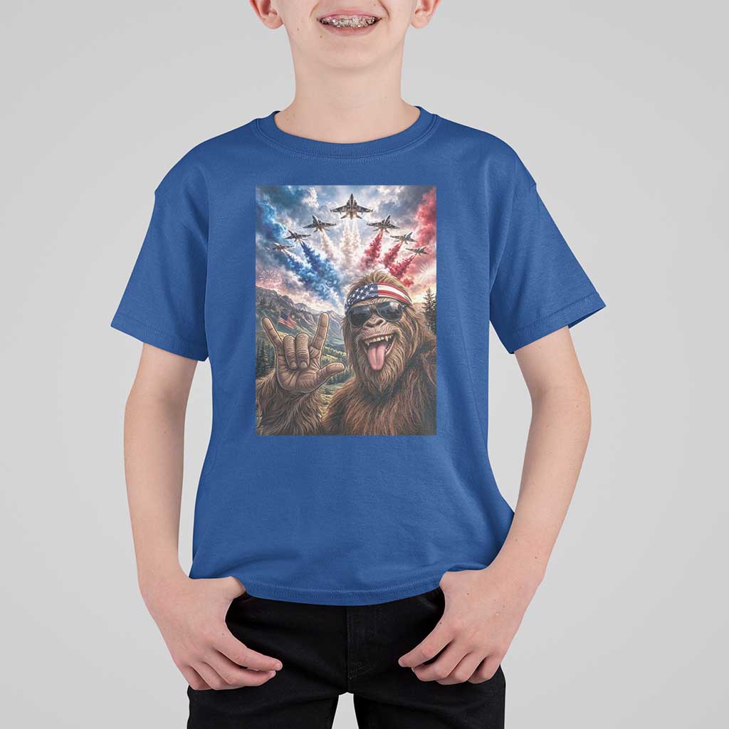 Patriotic Bigfoot 4th Of July Selfie T Shirt For Kid Funny USA Freedom Jet Fighter Graphic
