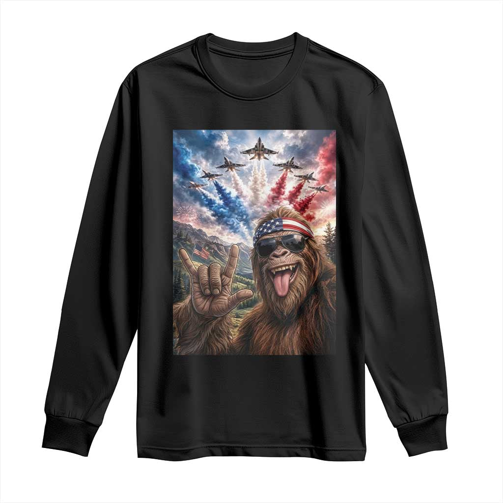 Patriotic Bigfoot 4th Of July Selfie Long Sleeve Shirt Funny USA Freedom Jet Fighter Graphic