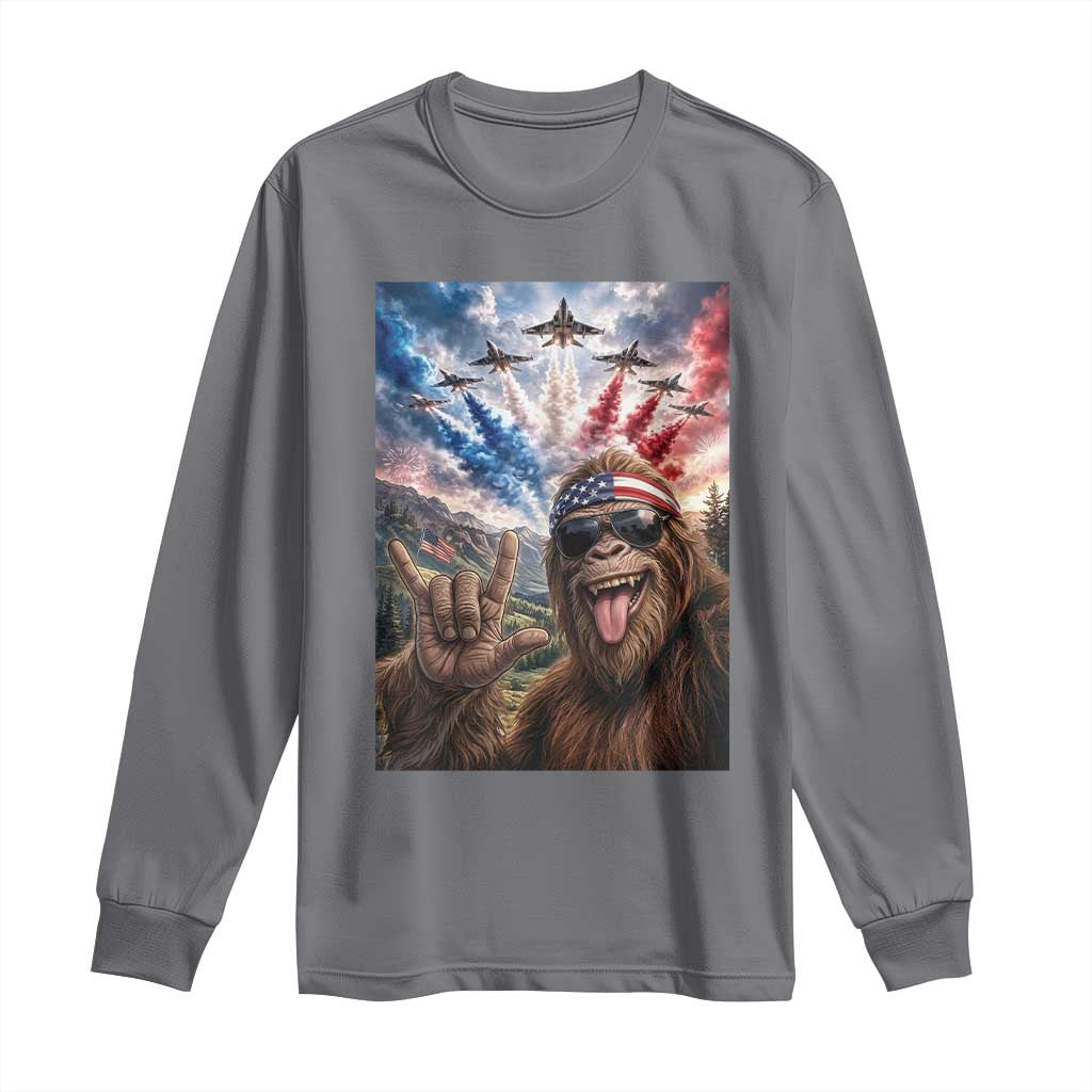 Patriotic Bigfoot 4th Of July Selfie Long Sleeve Shirt Funny USA Freedom Jet Fighter Graphic