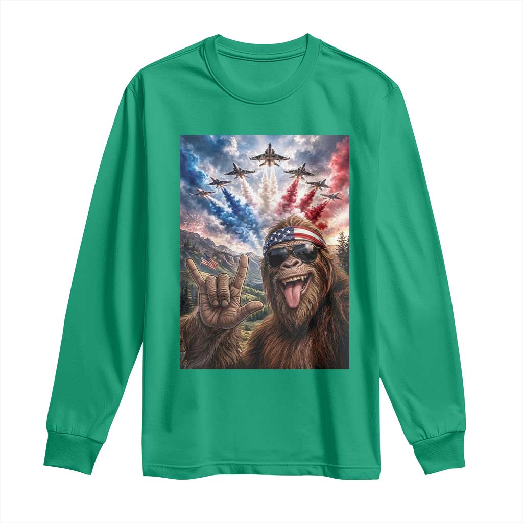 Patriotic Bigfoot 4th Of July Selfie Long Sleeve Shirt Funny USA Freedom Jet Fighter Graphic