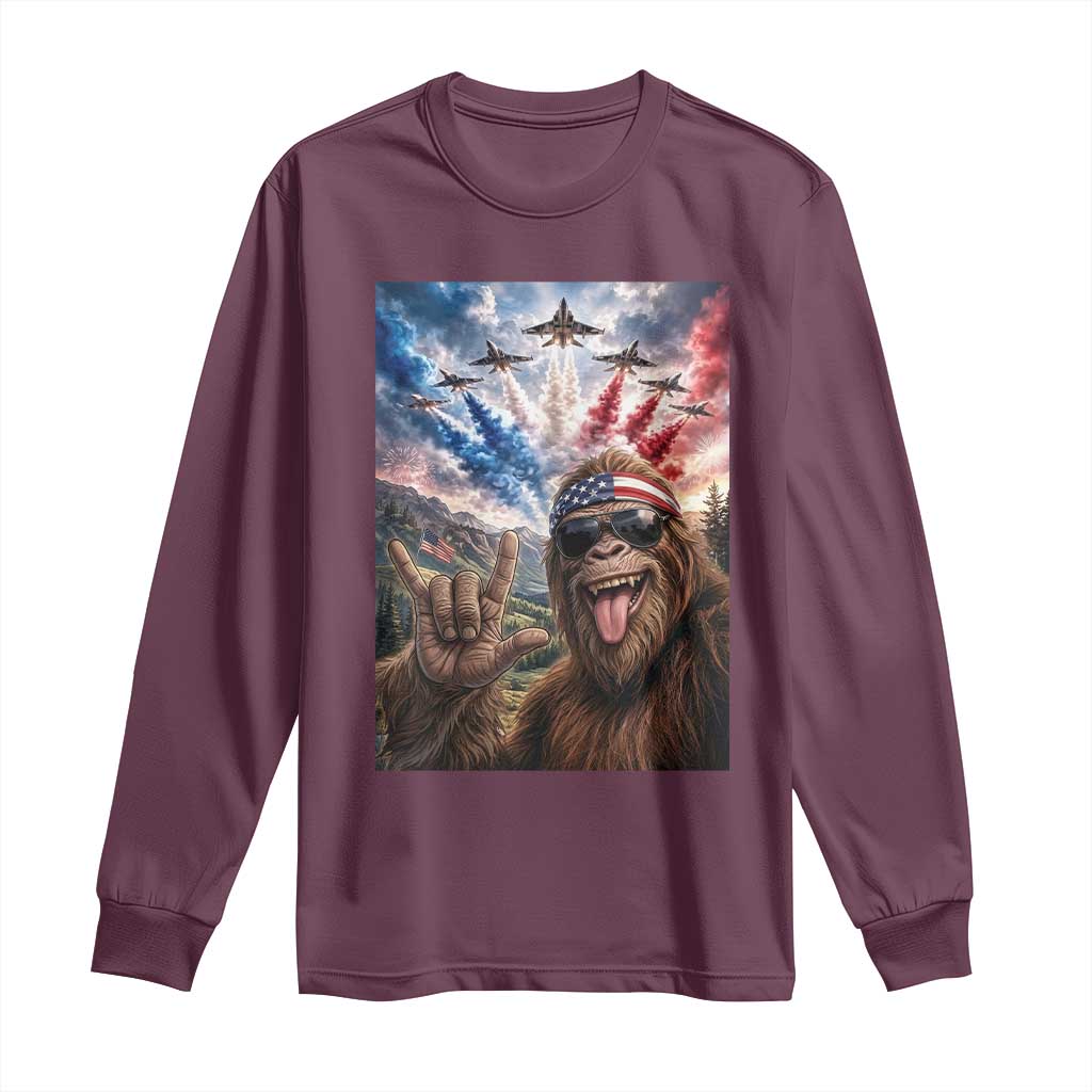 Patriotic Bigfoot 4th Of July Selfie Long Sleeve Shirt Funny USA Freedom Jet Fighter Graphic