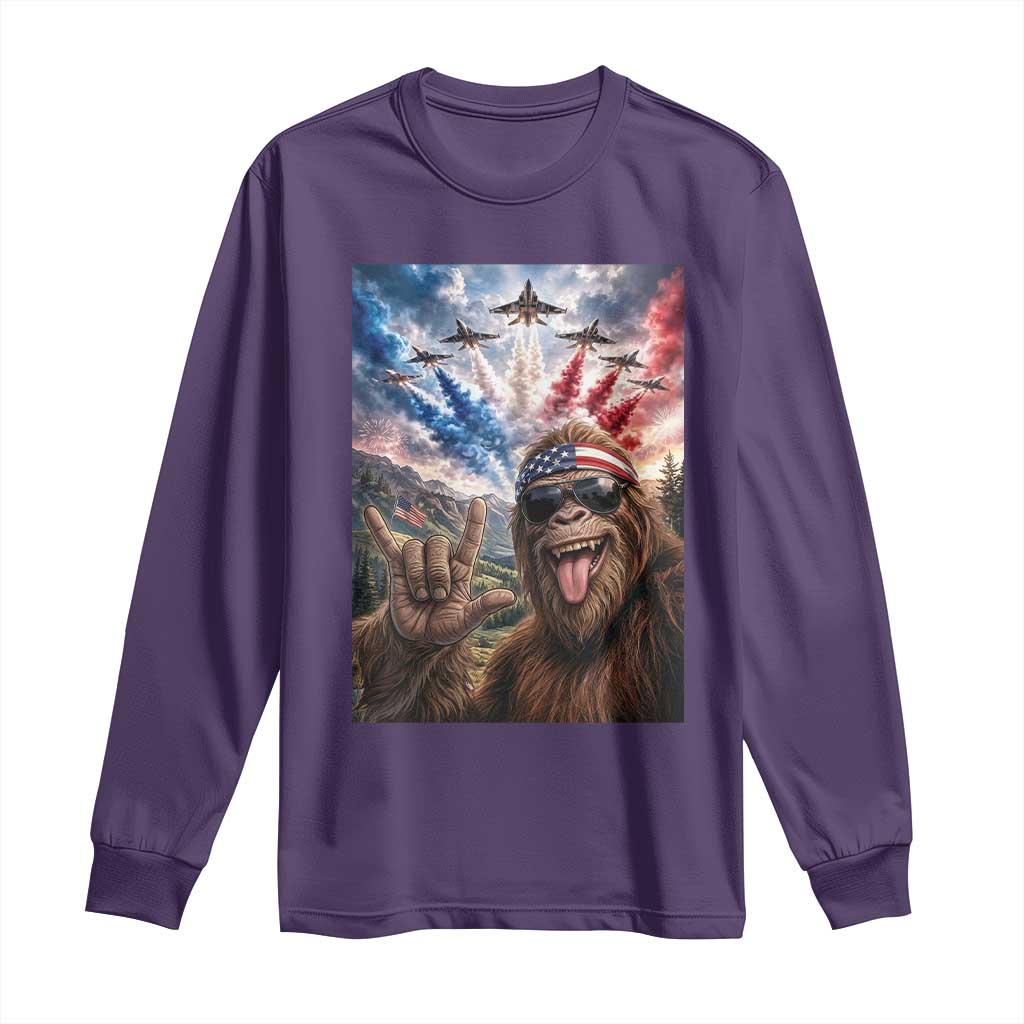 Patriotic Bigfoot 4th Of July Selfie Long Sleeve Shirt Funny USA Freedom Jet Fighter Graphic