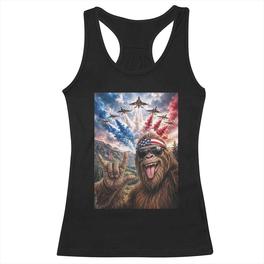 Patriotic Bigfoot 4th Of July Selfie Racerback Tank Top Funny USA Freedom Jet Fighter Graphic
