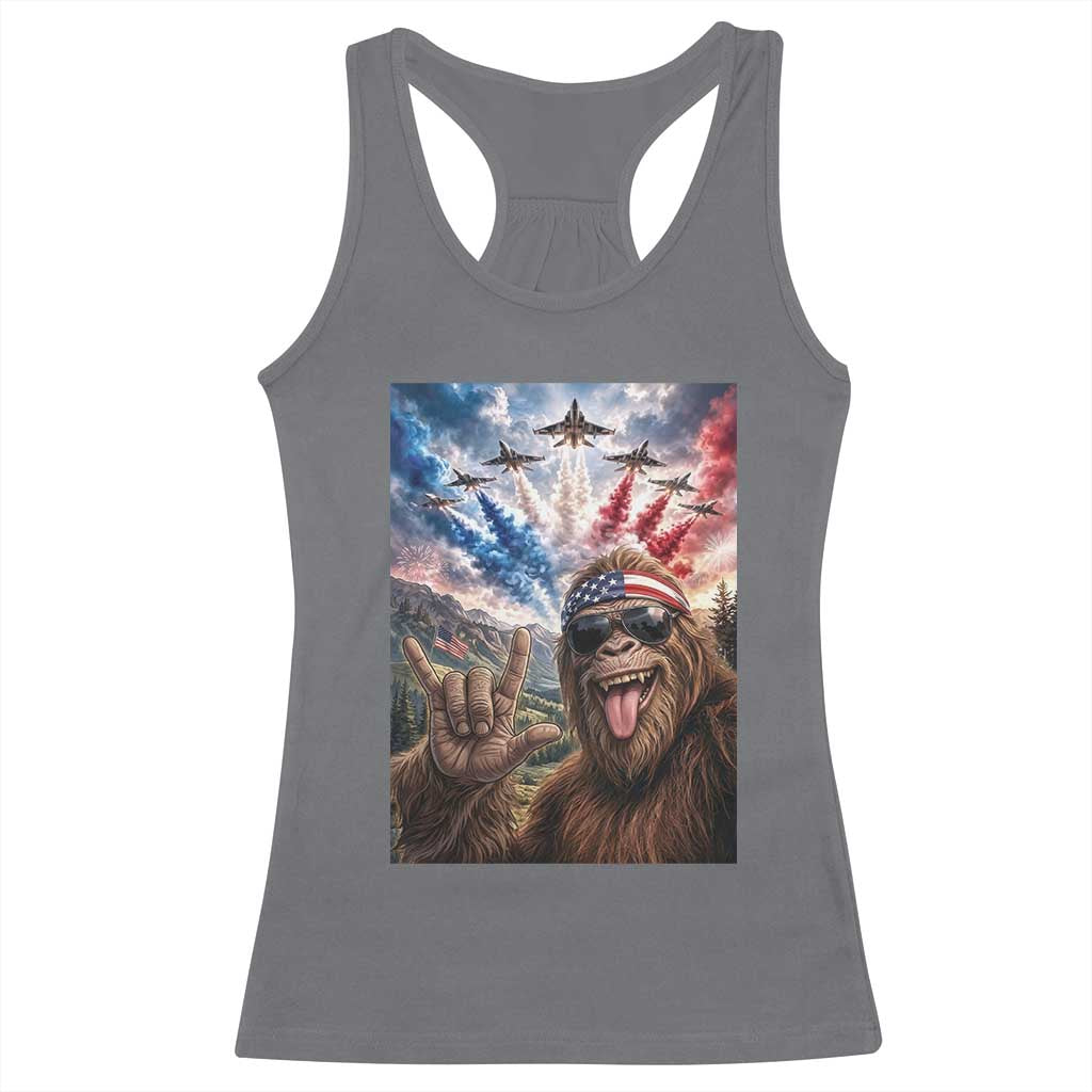 Patriotic Bigfoot 4th Of July Selfie Racerback Tank Top Funny USA Freedom Jet Fighter Graphic
