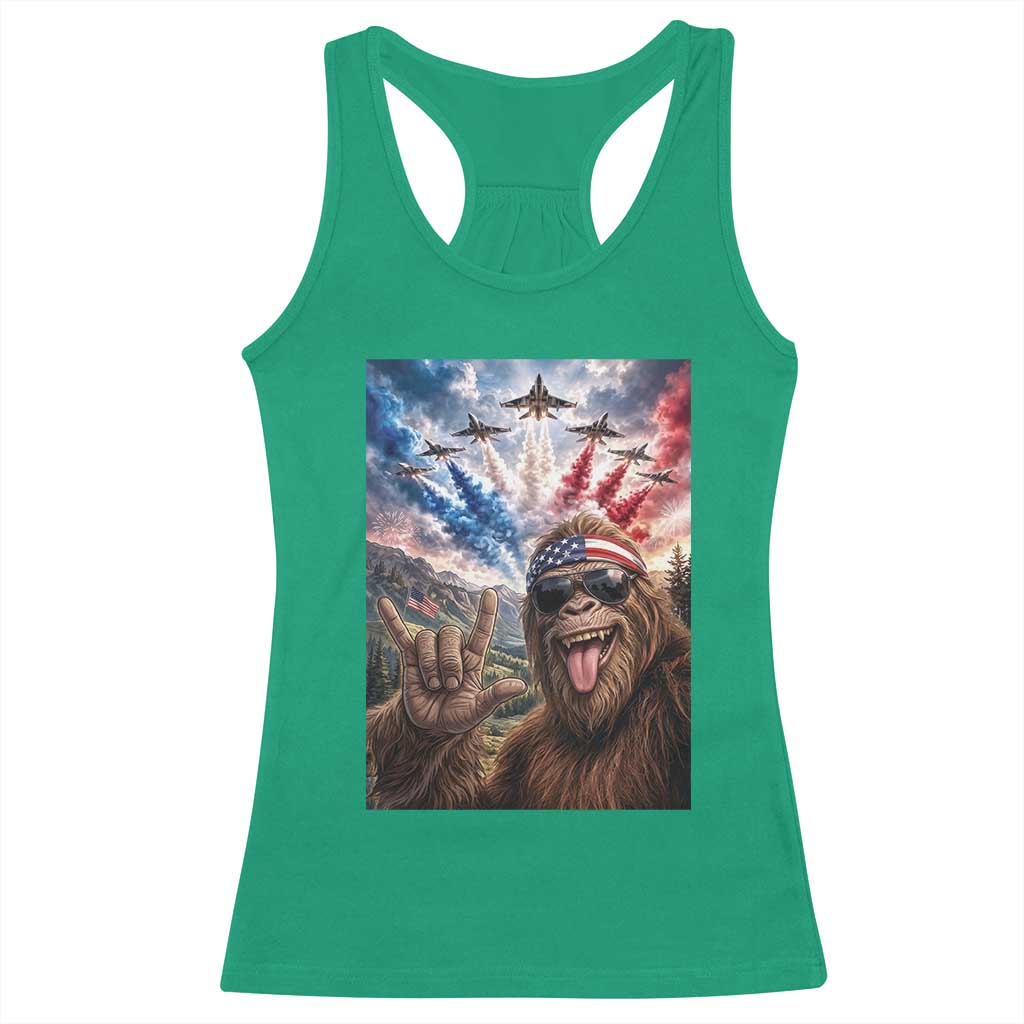 Patriotic Bigfoot 4th Of July Selfie Racerback Tank Top Funny USA Freedom Jet Fighter Graphic