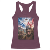 Patriotic Bigfoot 4th Of July Selfie Racerback Tank Top Funny USA Freedom Jet Fighter Graphic