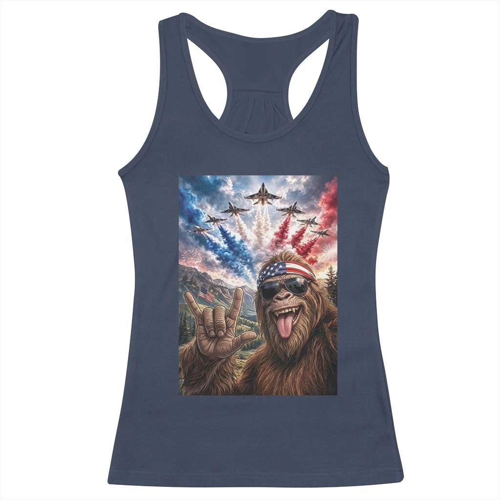 Patriotic Bigfoot 4th Of July Selfie Racerback Tank Top Funny USA Freedom Jet Fighter Graphic