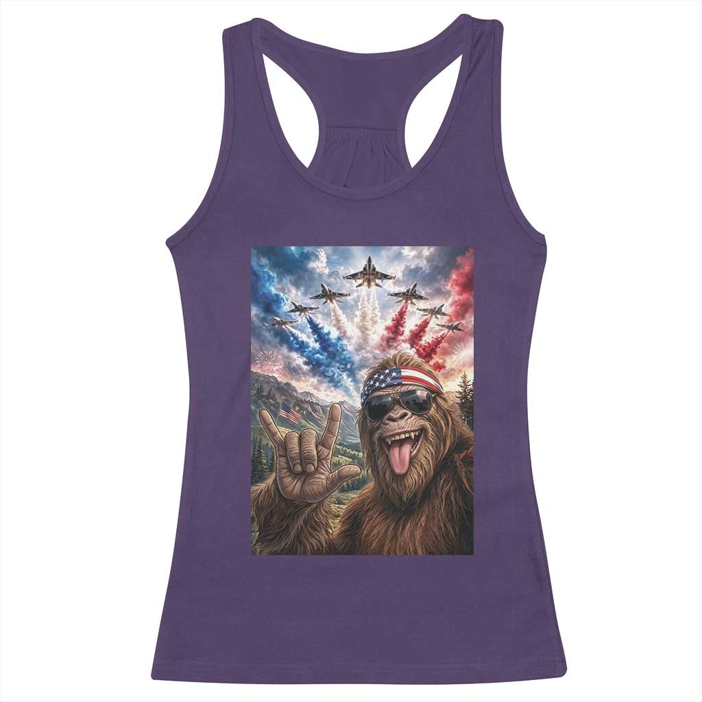 Patriotic Bigfoot 4th Of July Selfie Racerback Tank Top Funny USA Freedom Jet Fighter Graphic