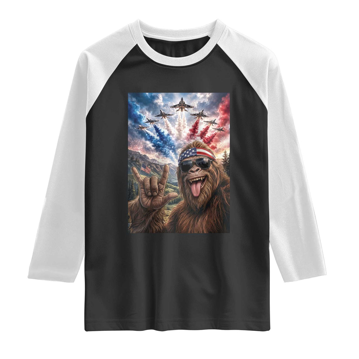 Patriotic Bigfoot 4th Of July Selfie Raglan Shirt Funny USA Freedom Jet Fighter Graphic