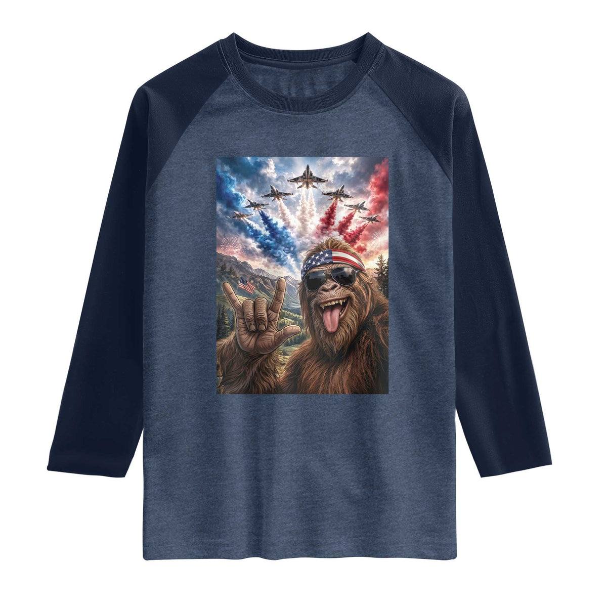Patriotic Bigfoot 4th Of July Selfie Raglan Shirt Funny USA Freedom Jet Fighter Graphic