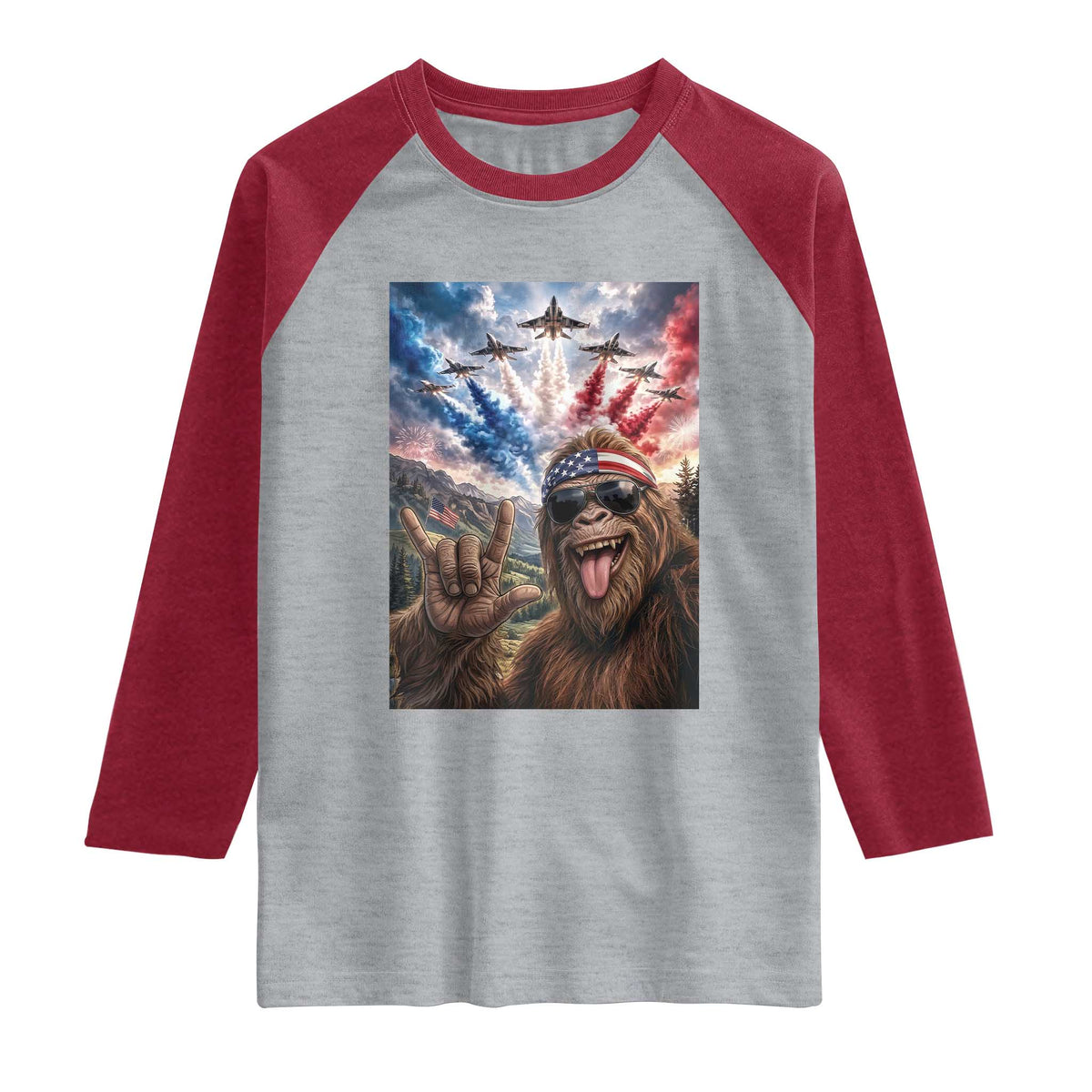 Patriotic Bigfoot 4th Of July Selfie Raglan Shirt Funny USA Freedom Jet Fighter Graphic