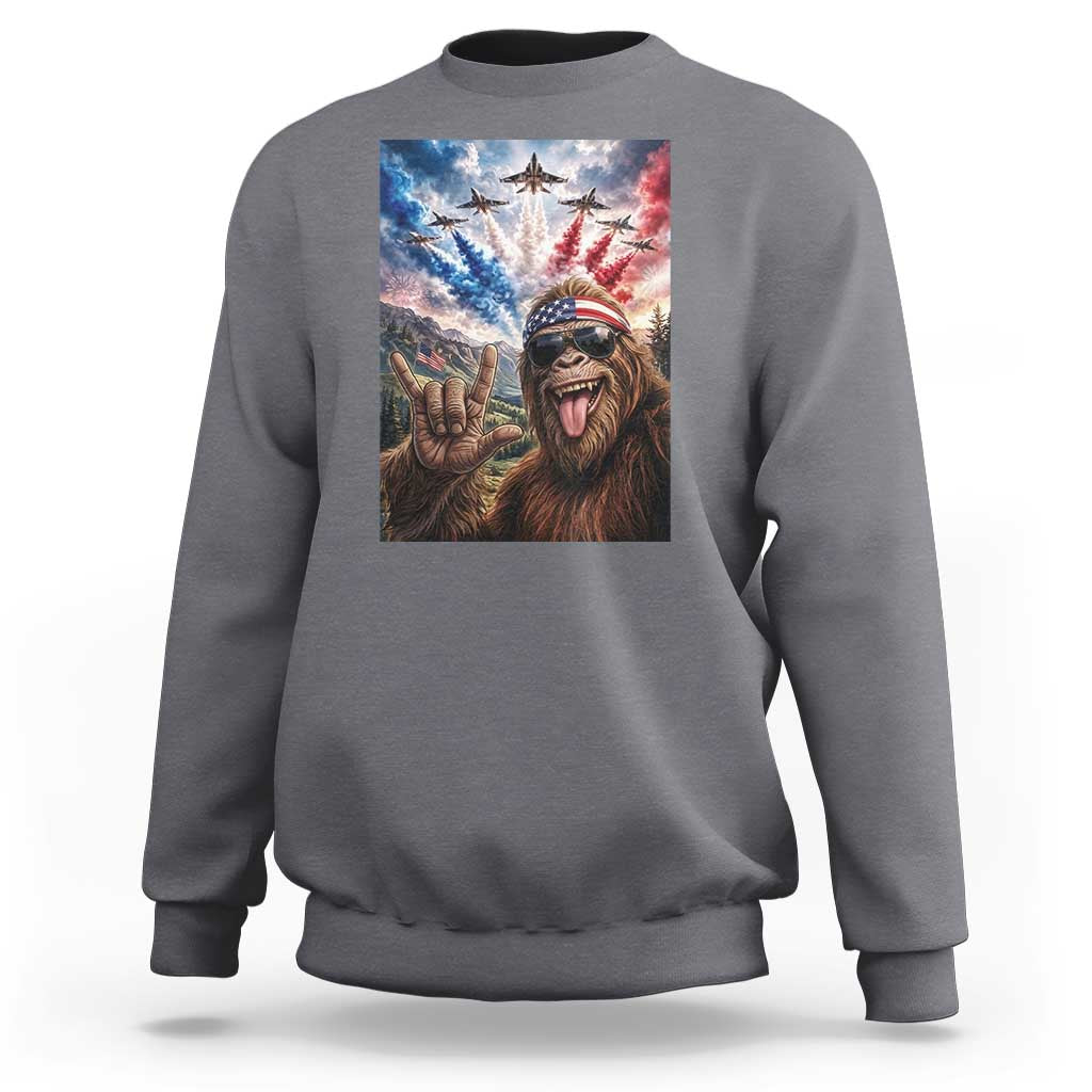 Patriotic Bigfoot 4th Of July Selfie Sweatshirt Funny USA Freedom Jet Fighter Graphic