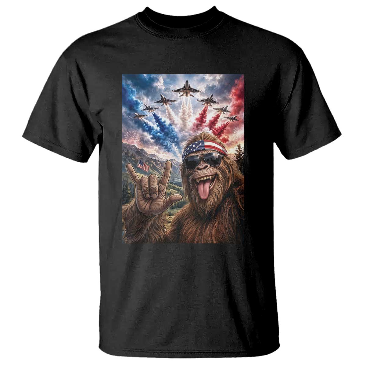 Patriotic Bigfoot 4th Of July Selfie T Shirt Funny USA Freedom Jet Fighter Graphic