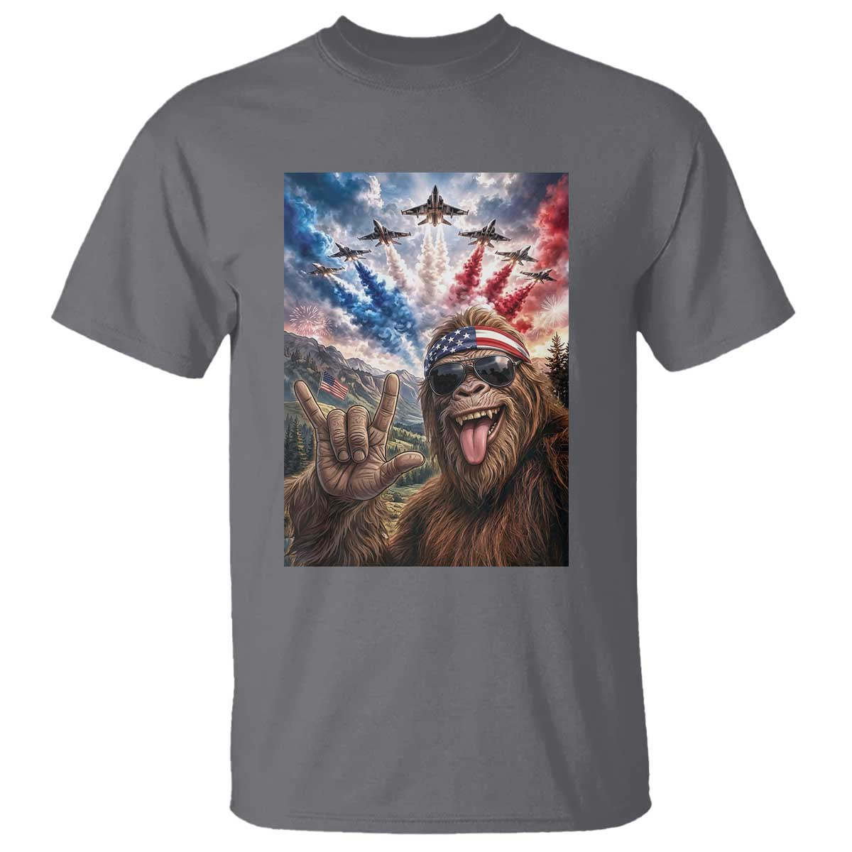Patriotic Bigfoot 4th Of July Selfie T Shirt Funny USA Freedom Jet Fighter Graphic