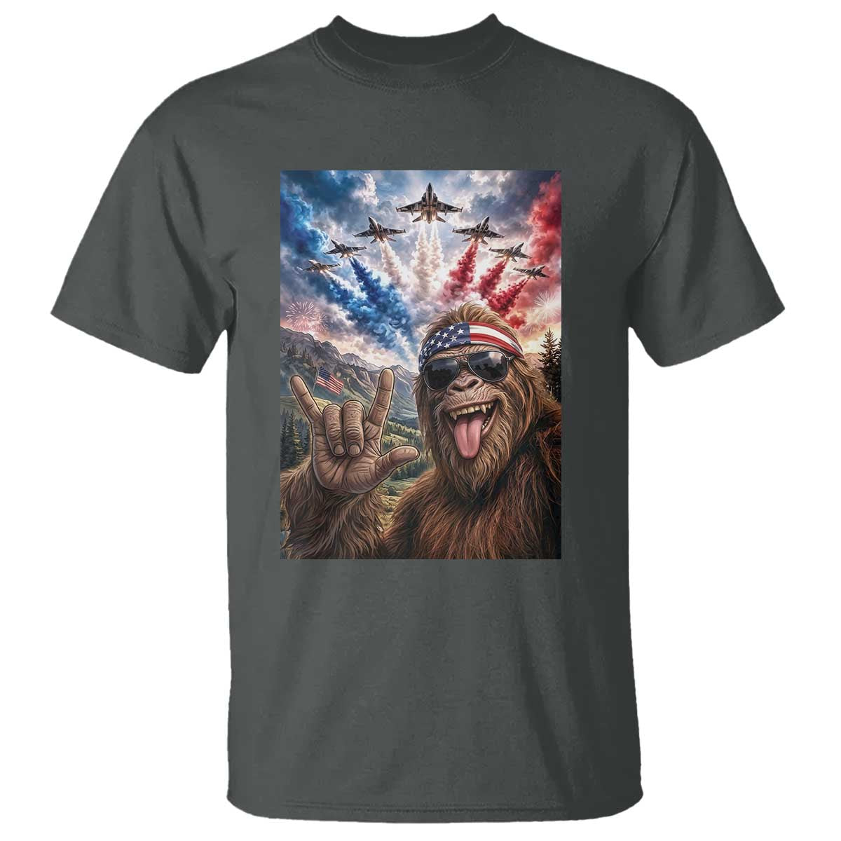 Patriotic Bigfoot 4th Of July Selfie T Shirt Funny USA Freedom Jet Fighter Graphic