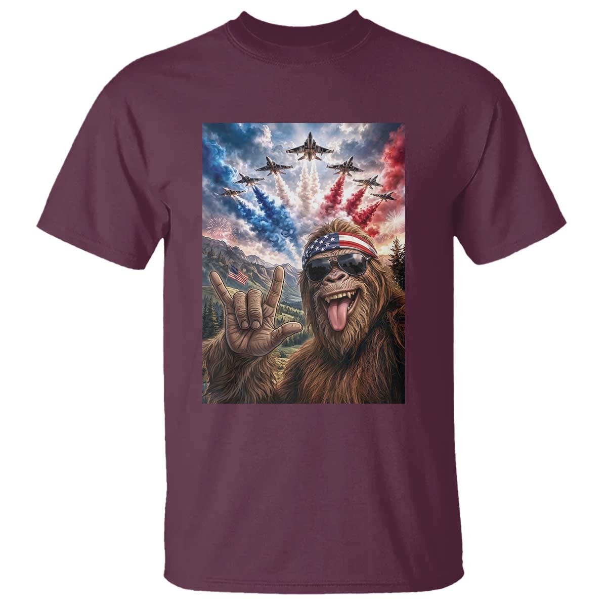 Patriotic Bigfoot 4th Of July Selfie T Shirt Funny USA Freedom Jet Fighter Graphic