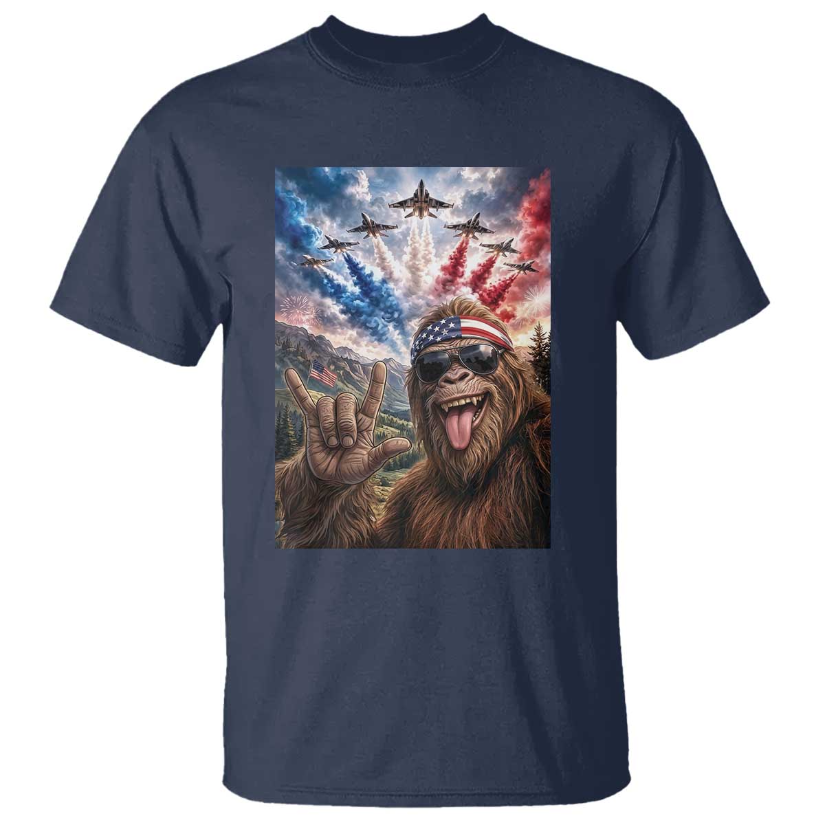 Patriotic Bigfoot 4th Of July Selfie T Shirt Funny USA Freedom Jet Fighter Graphic