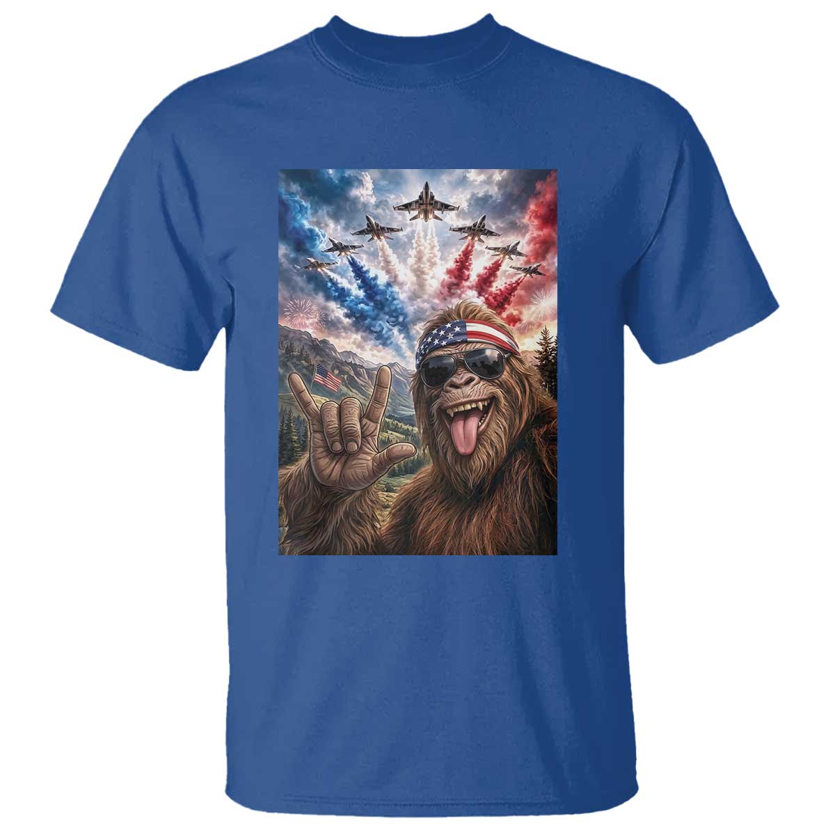 Patriotic Bigfoot 4th Of July Selfie T Shirt Funny USA Freedom Jet Fighter Graphic