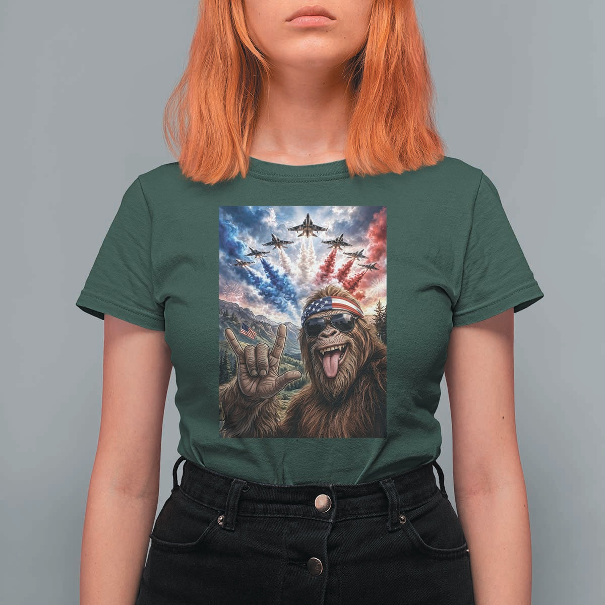 Patriotic Bigfoot 4th Of July Selfie T Shirt For Women Funny USA Freedom Jet Fighter Graphic