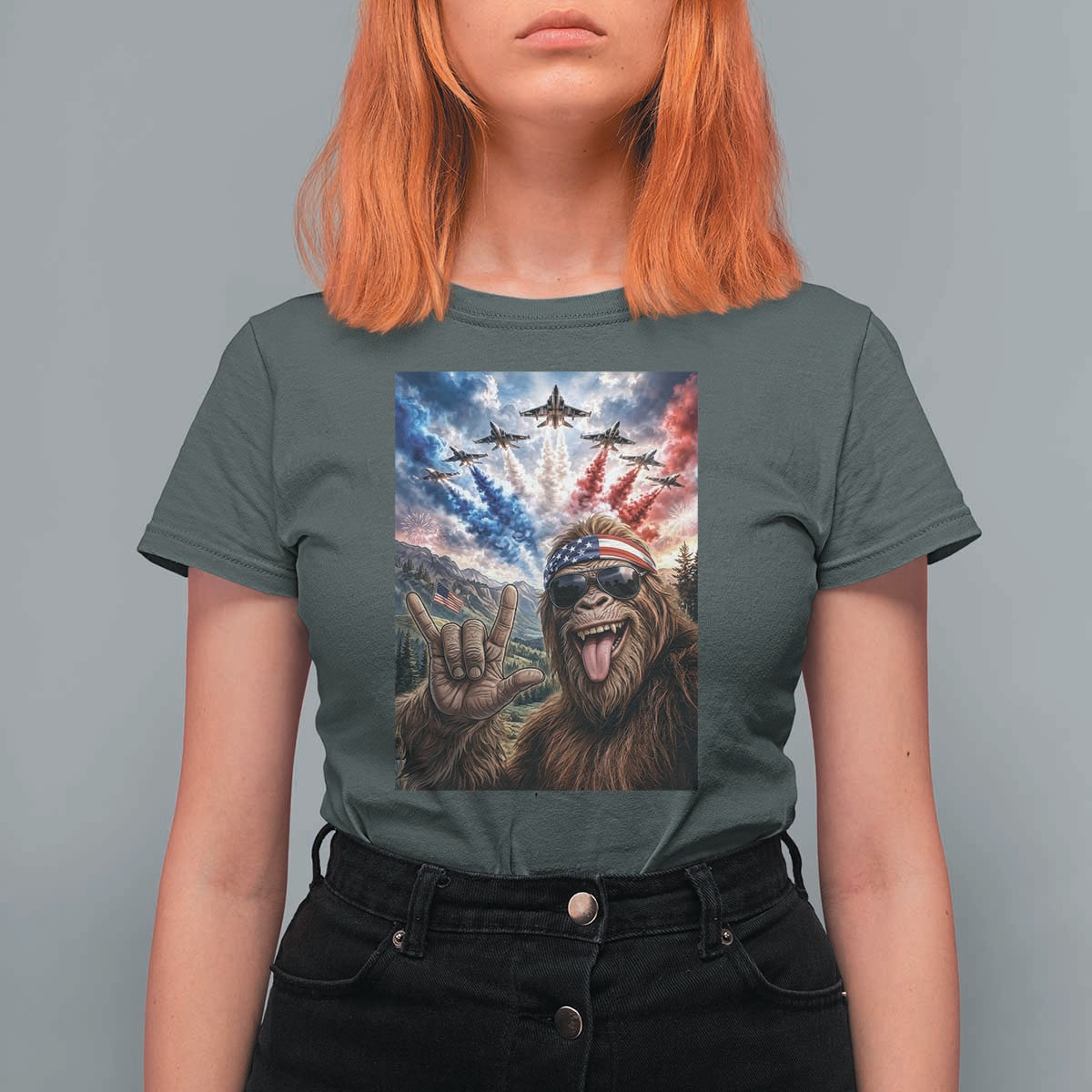 Patriotic Bigfoot 4th Of July Selfie T Shirt For Women Funny USA Freedom Jet Fighter Graphic