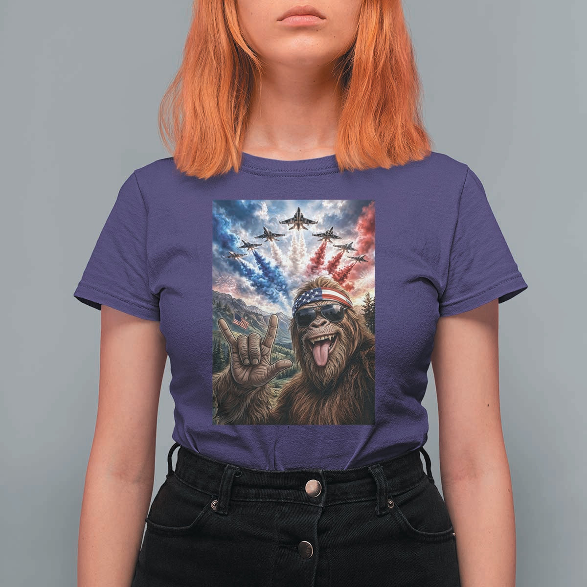 Patriotic Bigfoot 4th Of July Selfie T Shirt For Women Funny USA Freedom Jet Fighter Graphic