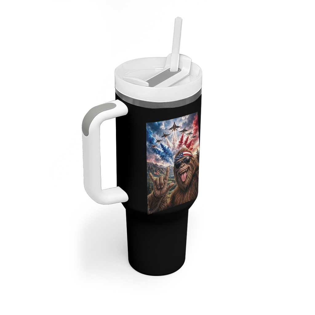 Patriotic Bigfoot 4th Of July Selfie Tumbler With Handle Funny USA Freedom Jet Fighter Graphic