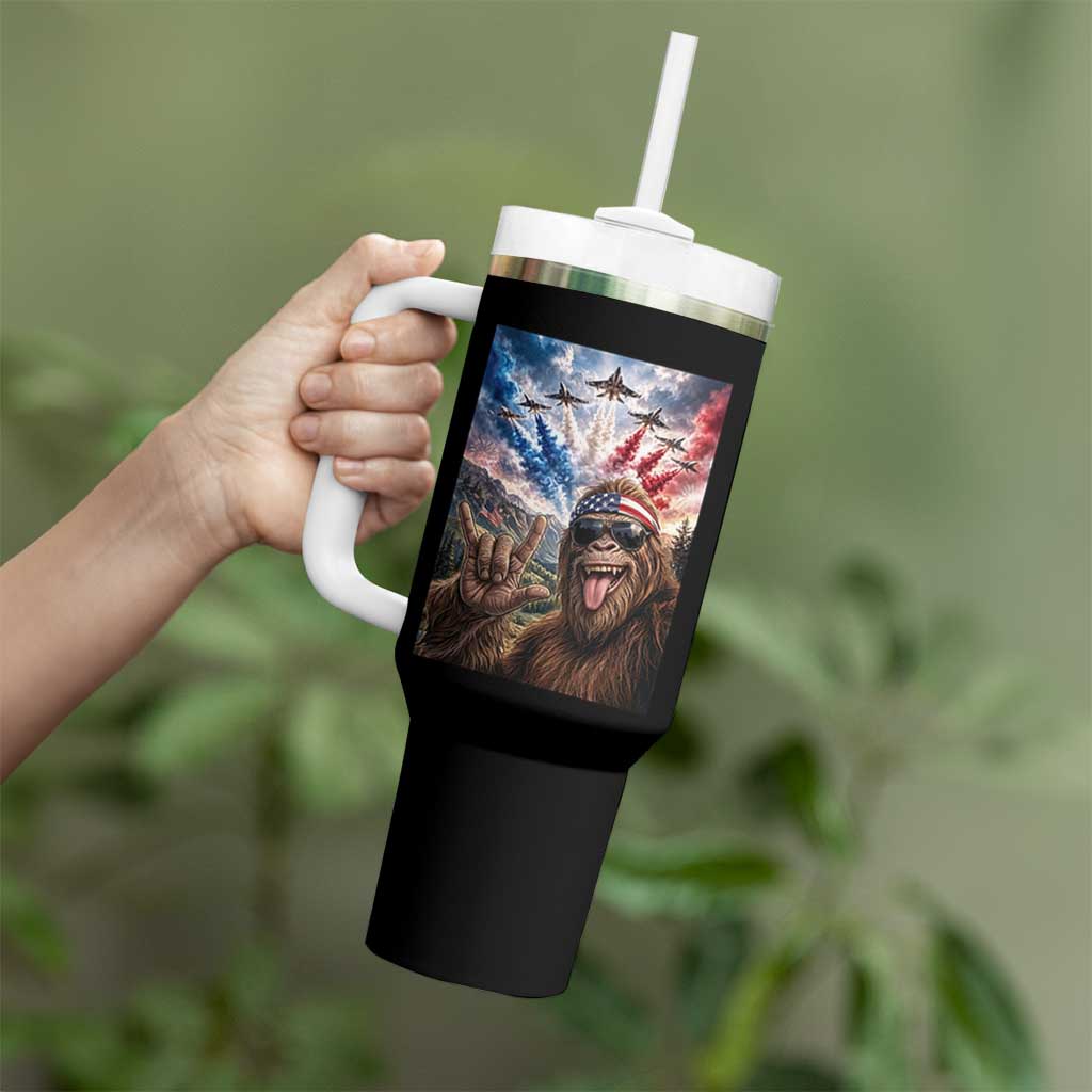 Patriotic Bigfoot 4th Of July Selfie Tumbler With Handle Funny USA Freedom Jet Fighter Graphic