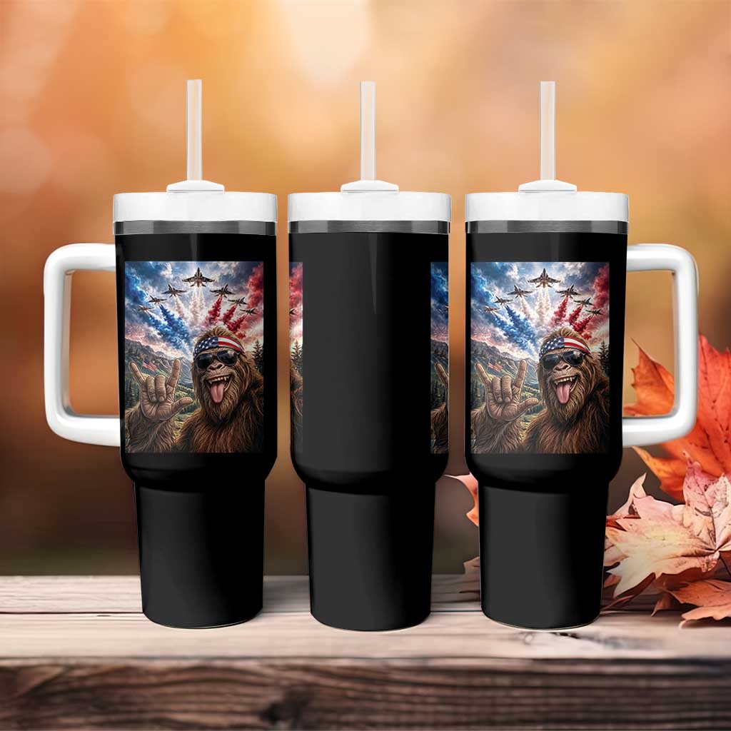 Patriotic Bigfoot 4th Of July Selfie Tumbler With Handle Funny USA Freedom Jet Fighter Graphic