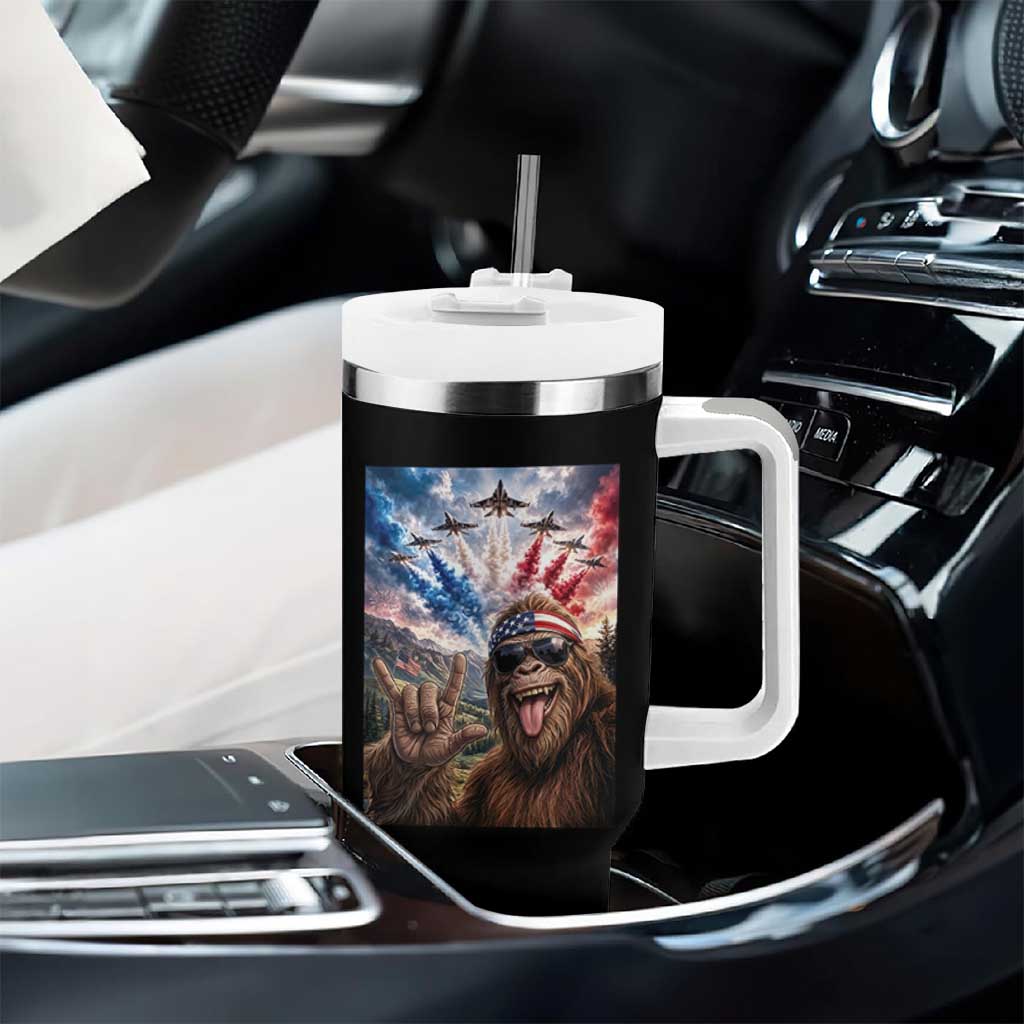 Patriotic Bigfoot 4th Of July Selfie Tumbler With Handle Funny USA Freedom Jet Fighter Graphic