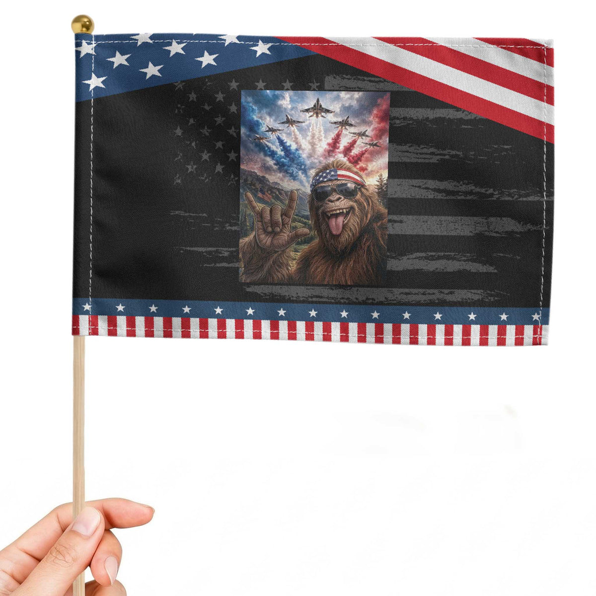 Patriotic Bigfoot 4th Of July Selfie Patriotic Handheld Flag Funny USA Freedom Jet Fighter Graphic