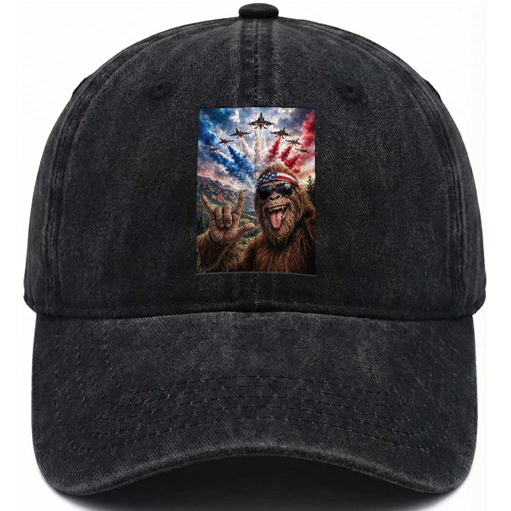 Patriotic Bigfoot 4th Of July Selfie Washed Cotton Baseball Cap Funny USA Freedom Jet Fighter Graphic
