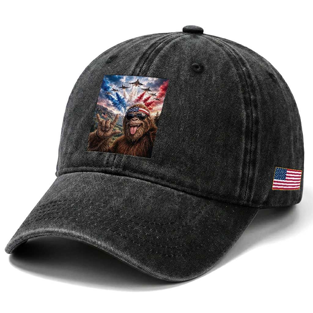 Patriotic Bigfoot 4th Of July Selfie Washed Cotton Baseball Cap Funny USA Freedom Jet Fighter Graphic