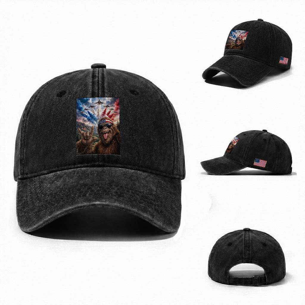 Patriotic Bigfoot 4th Of July Selfie Washed Cotton Baseball Cap Funny USA Freedom Jet Fighter Graphic