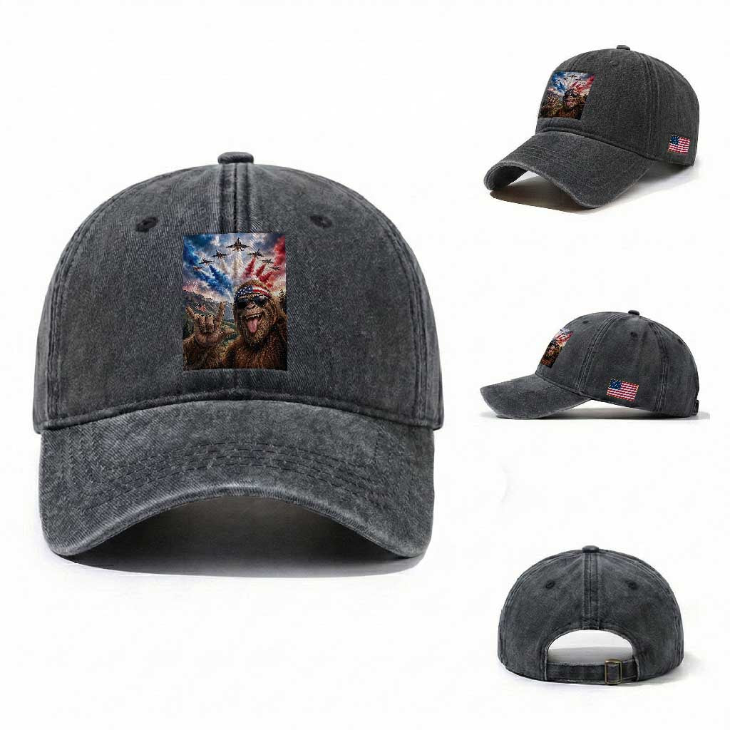 Patriotic Bigfoot 4th Of July Selfie Washed Cotton Baseball Cap Funny USA Freedom Jet Fighter Graphic