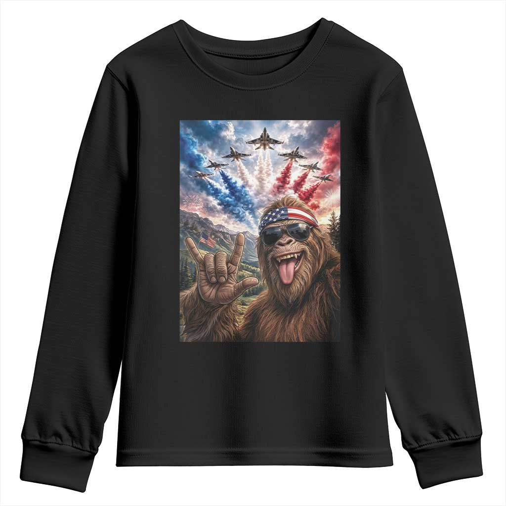 Patriotic Bigfoot 4th Of July Selfie Youth Sweatshirt Funny USA Freedom Jet Fighter Graphic