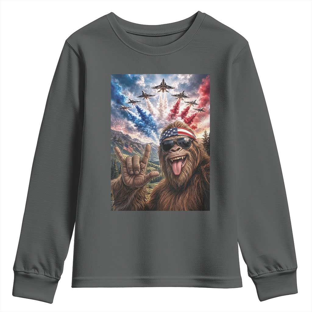 Patriotic Bigfoot 4th Of July Selfie Youth Sweatshirt Funny USA Freedom Jet Fighter Graphic