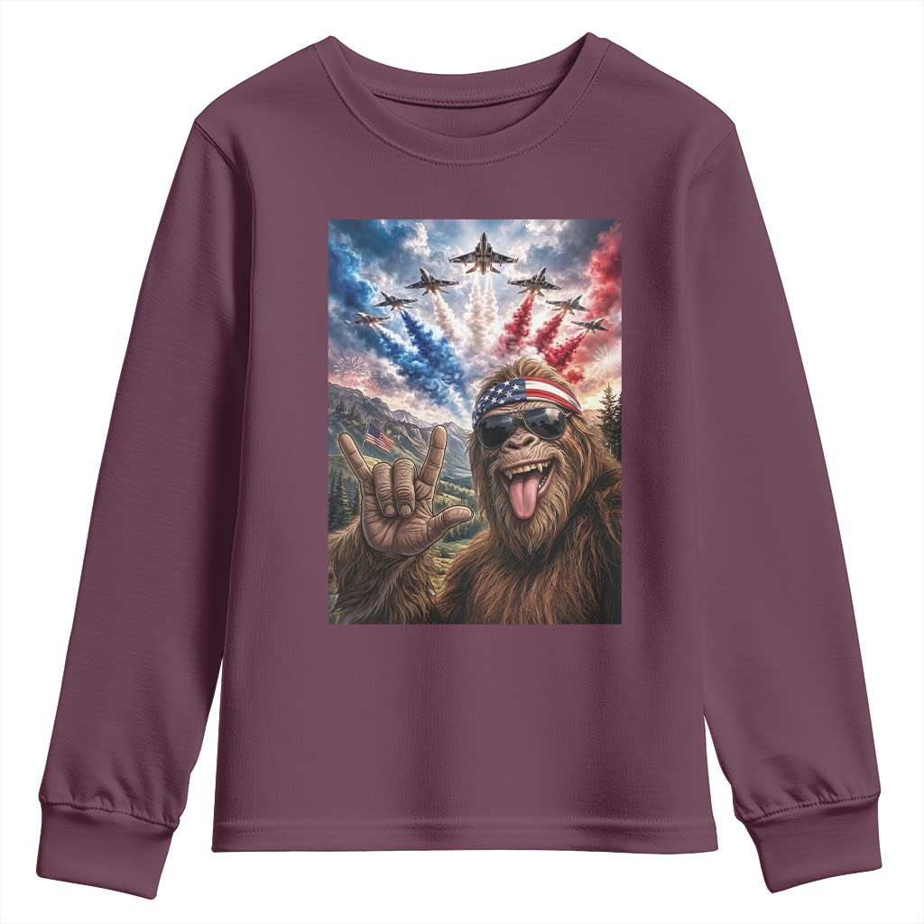 Patriotic Bigfoot 4th Of July Selfie Youth Sweatshirt Funny USA Freedom Jet Fighter Graphic