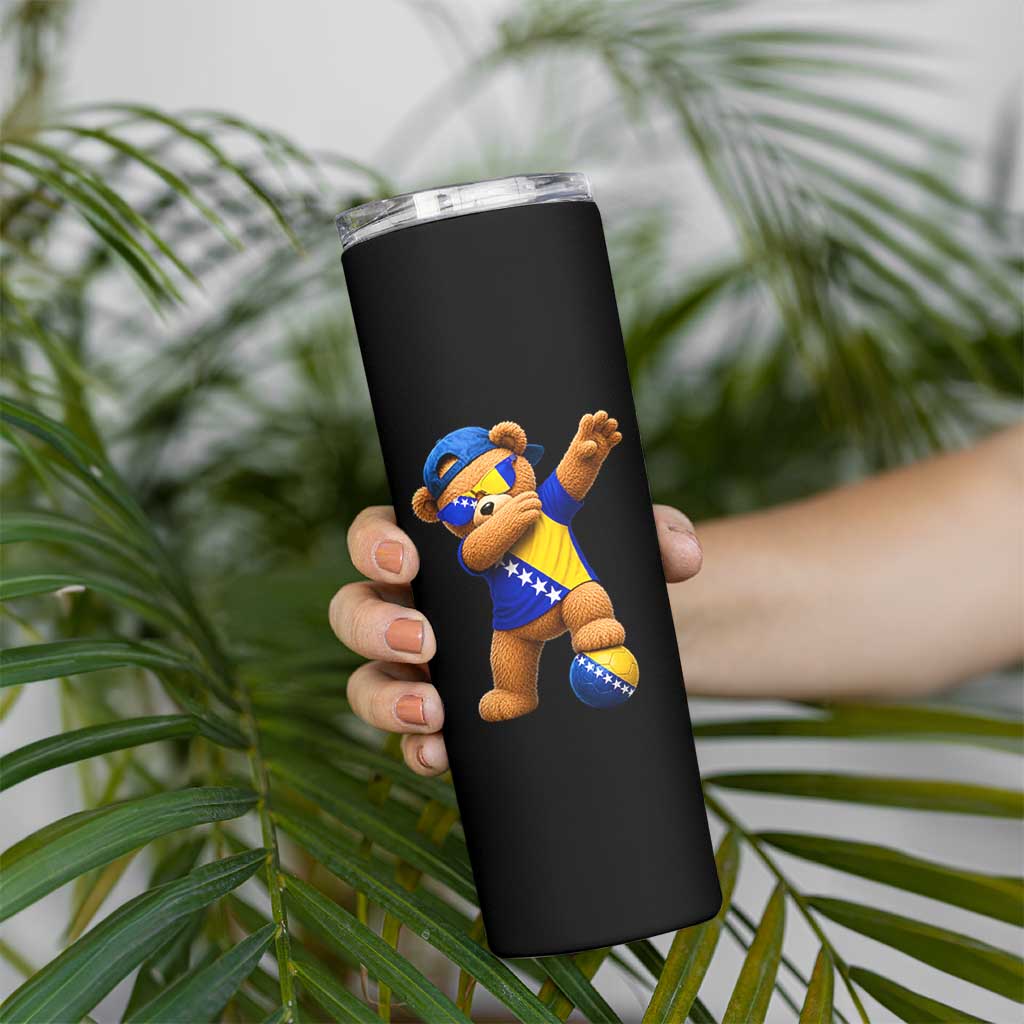 Funny Bosnia Teddy Bear Dabbing Fudbal Fan Gift Skinny Tumbler