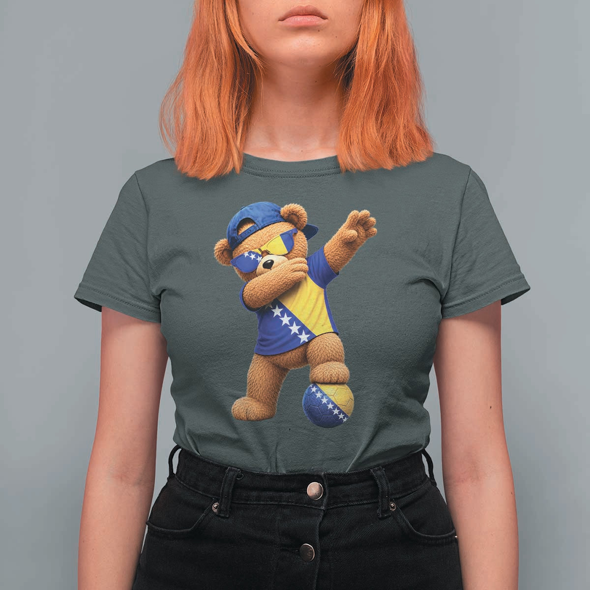 Funny Bosnia Teddy Bear Dabbing Fudbal Fan Gift T Shirt For Women