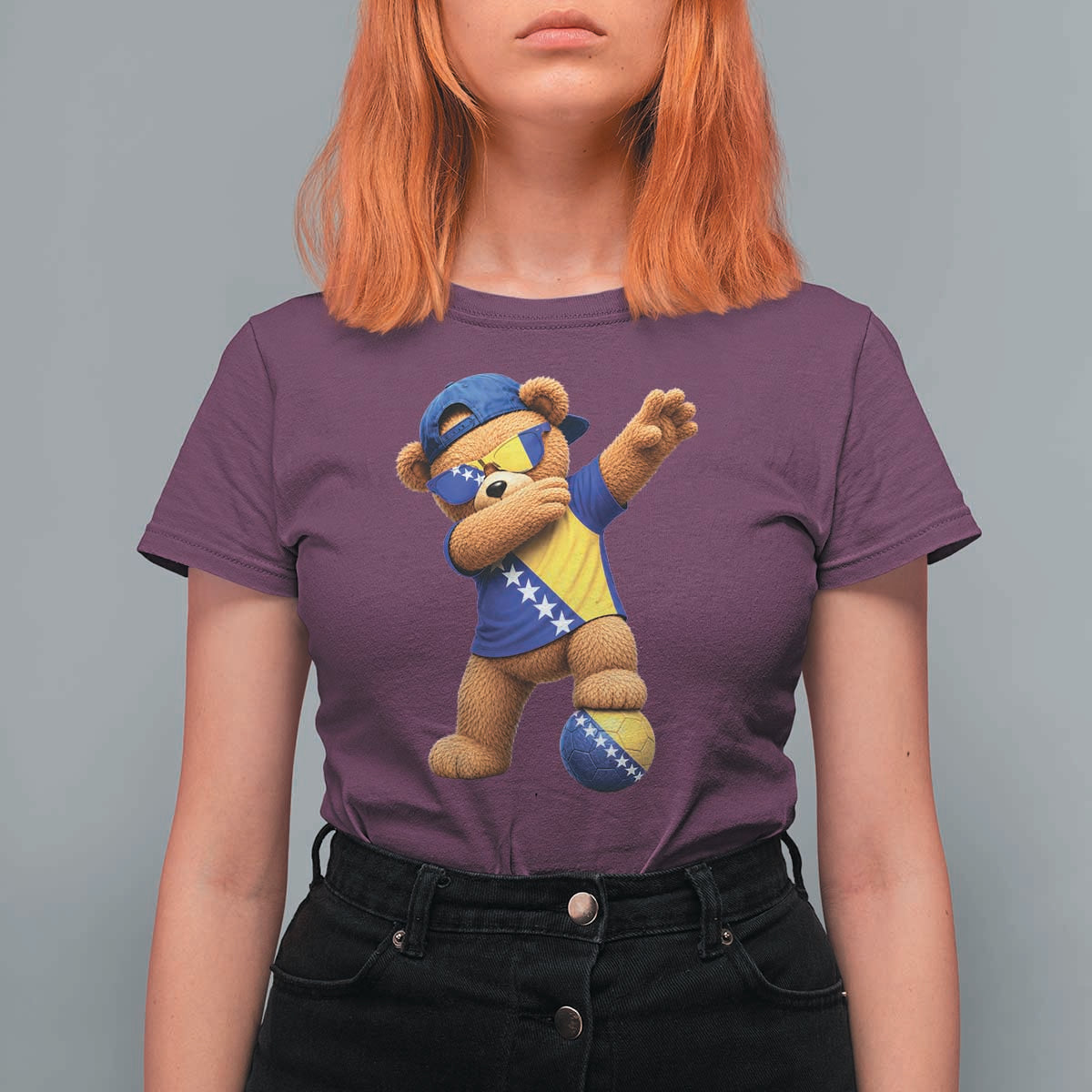 Funny Bosnia Teddy Bear Dabbing Fudbal Fan Gift T Shirt For Women