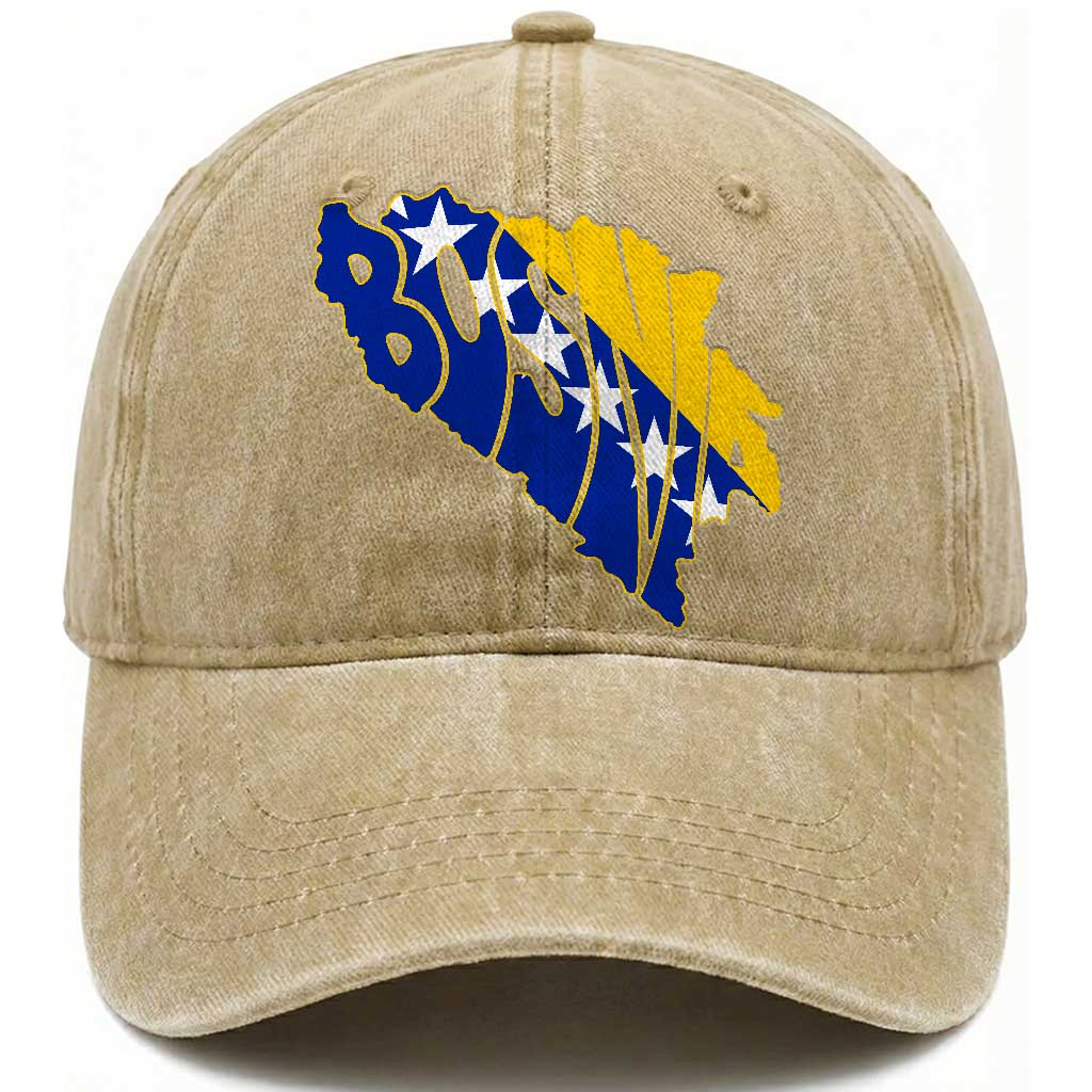Bosnia And Herzegovina Word Art Map Washed Cotton Baseball Cap Bosnian Pride Gift